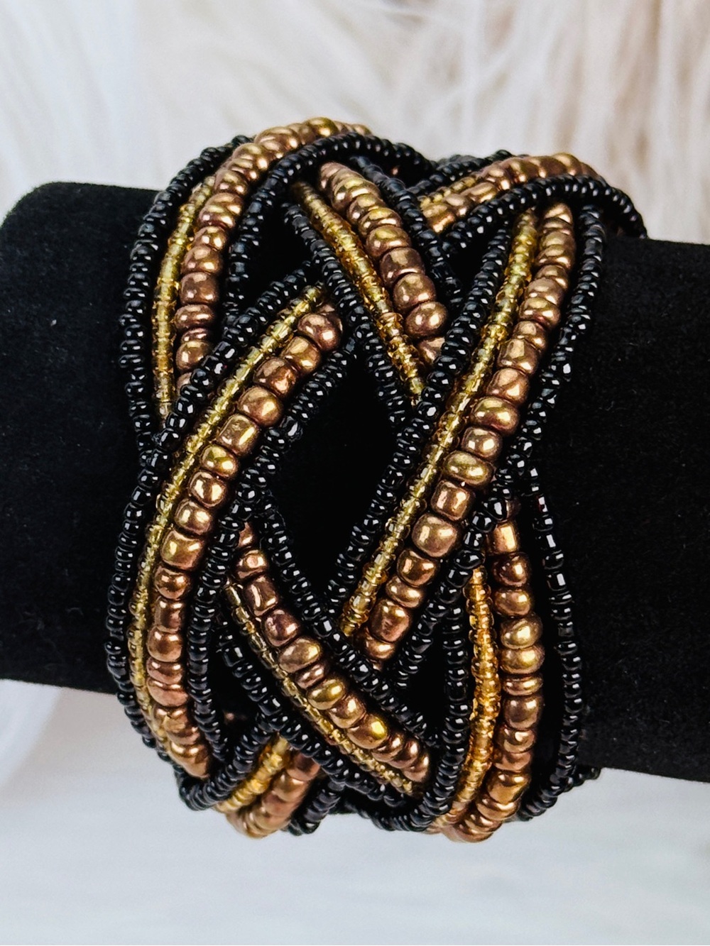 Black and Goldtone Beaded Braided Wideband bohemian chic Bracelet